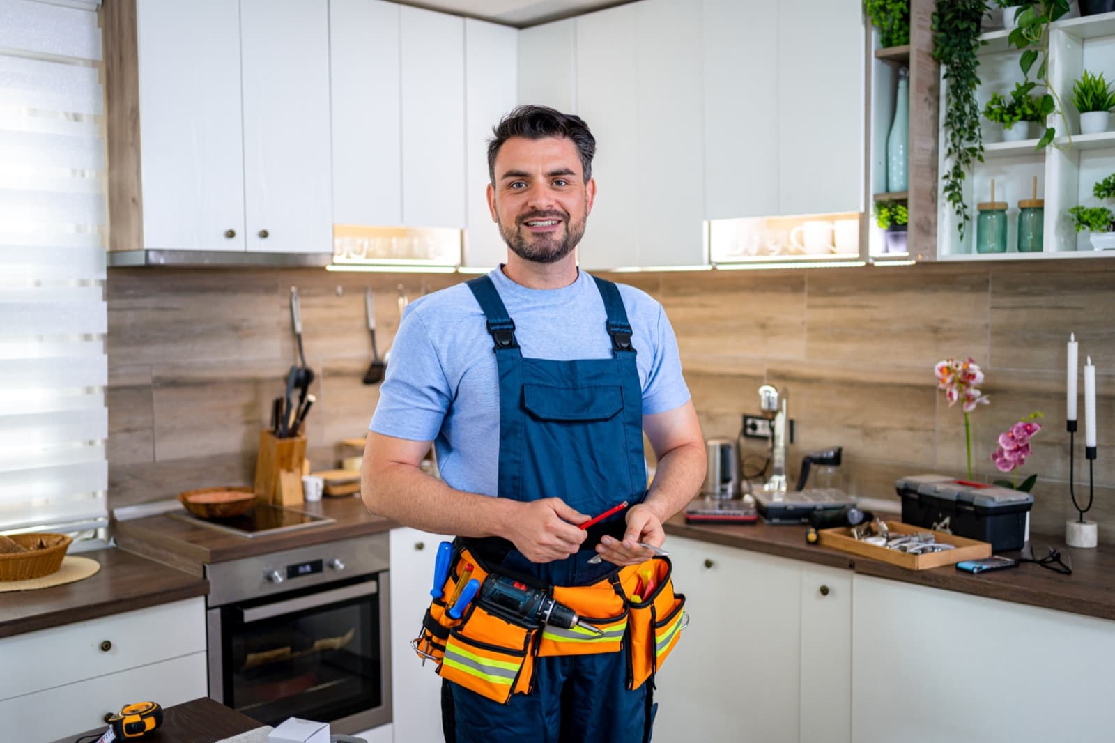 Handyman repairing a fixture in a bright kitchen