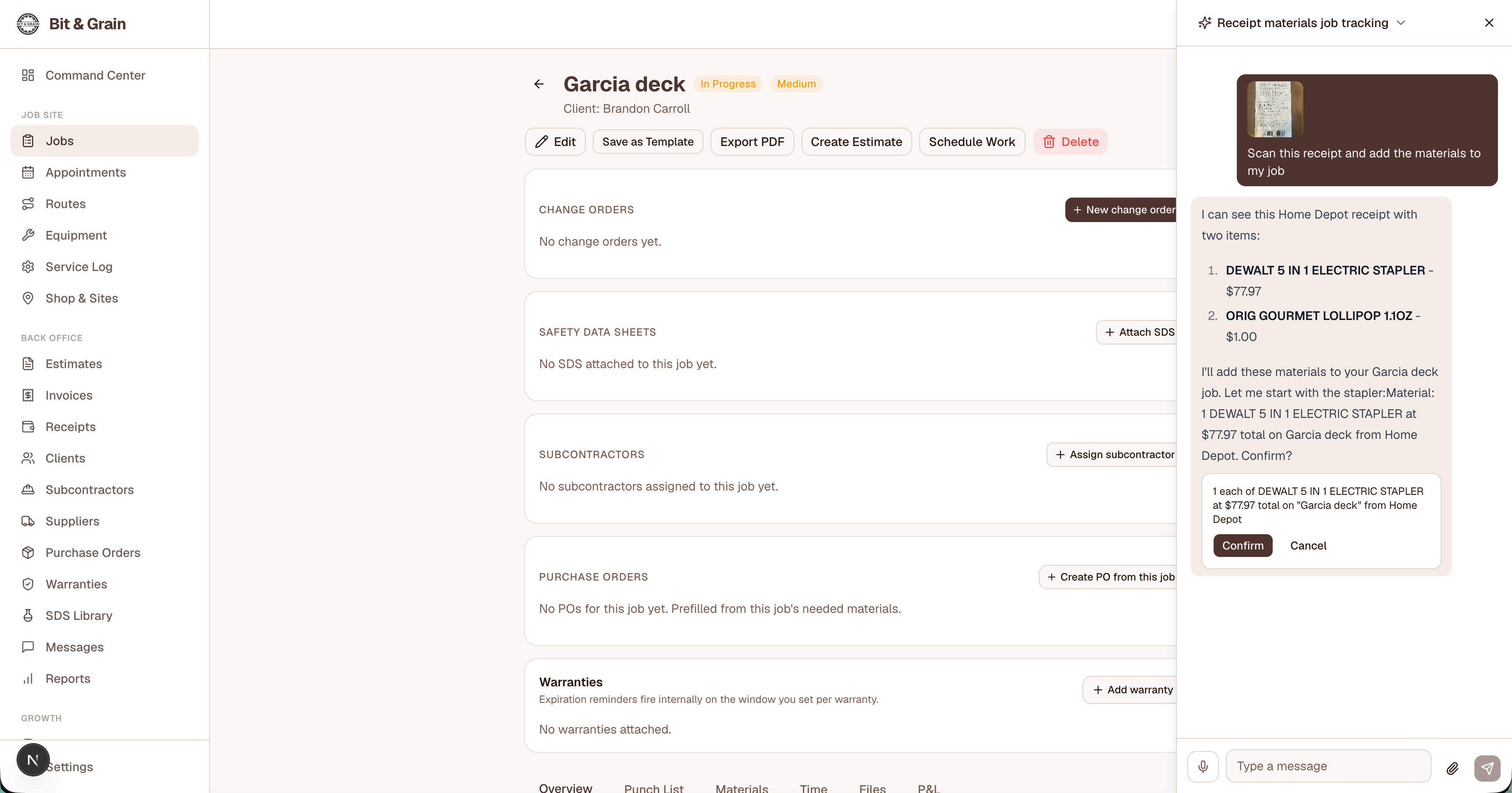Grain AI chat conversation showing receipt scanning